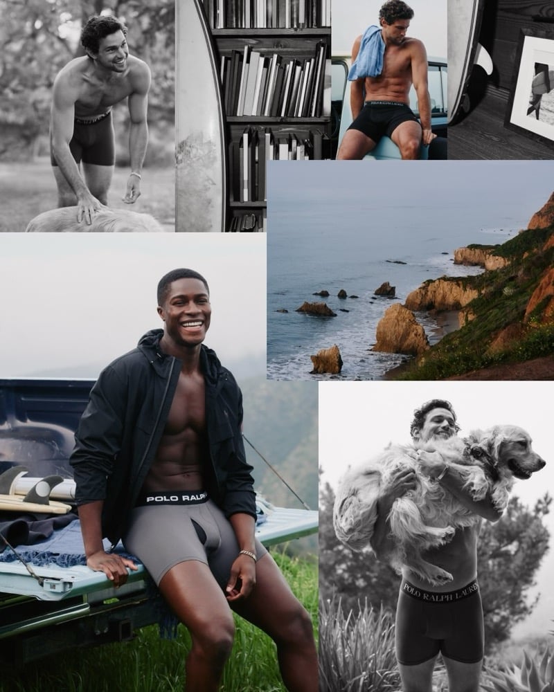 Models Giacomo Cavalli and Mukasa Kakonge in a Polo Ralph Lauren spring-summer 2026 underwear campaign collage featuring boxer briefs styled with a vintage pickup, a surfboard, ocean cliffs, and a golden retriever
