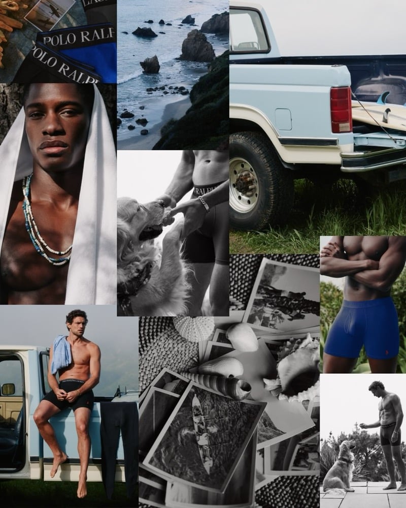 Polo Ralph Lauren spring-summer 2026 underwear campaign collage with Mukasa Kakonge in a beaded necklace portrait and Giacomo Cavalli seated on a vintage Ford pickup, layered with surfboard polaroids, ocean rocks, and seashells