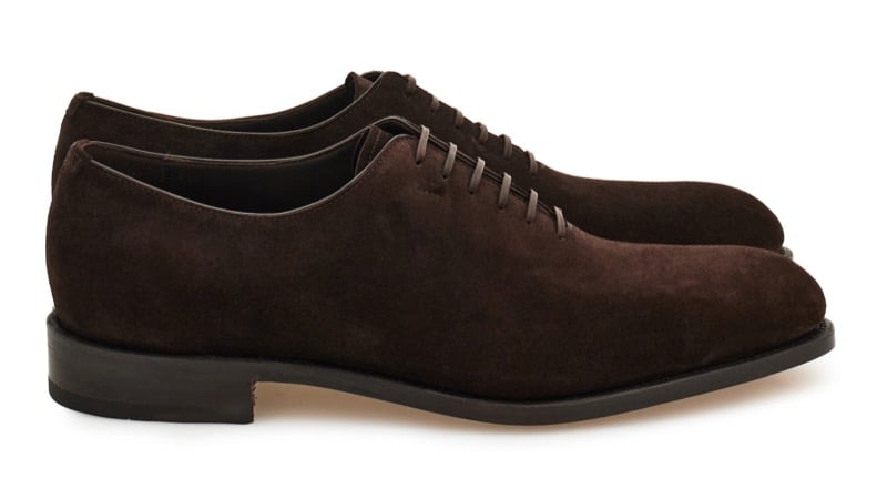 Ferragamo Tramezza dark brown suede lace-up oxford shoe with a leather sole, shown in profile