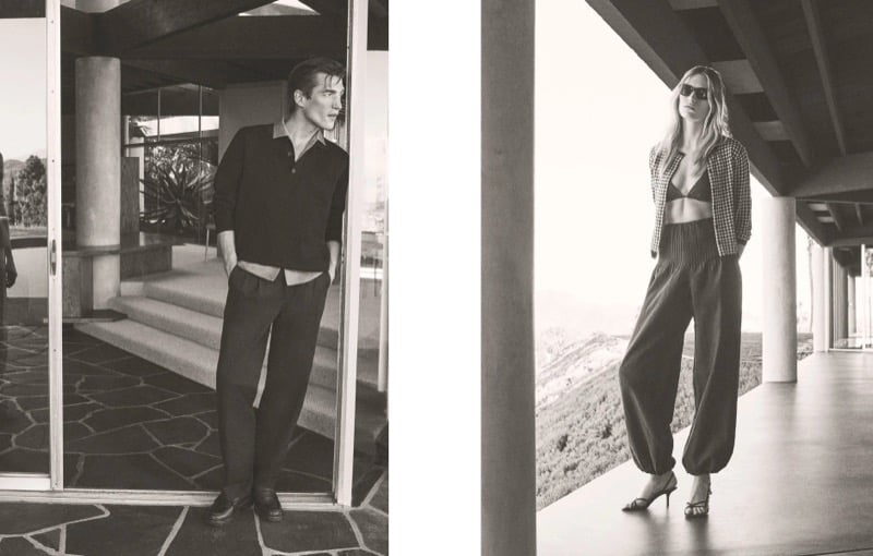 Black-and-white diptych of Anatol Modzelewski in a black polo shirt with dark trousers in a doorway and Liz Kennedy in a gingham shirt with dark wide-leg pleated trousers for Vince spring 2026