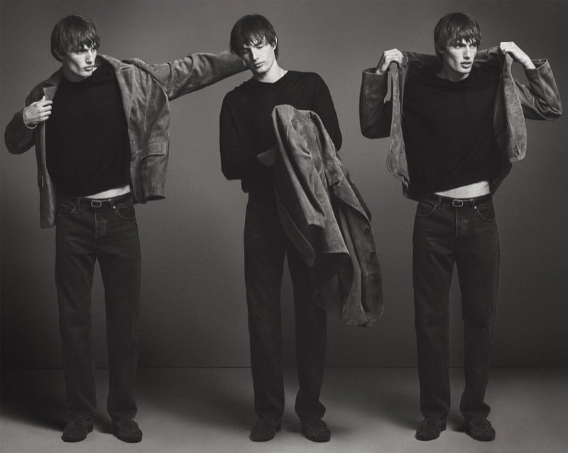 A three-part sequence shows Thatcher Thornton shrugging a suede jacket on and off over a dark sweater and denim jeans in a black-and-white study for FRAME's fall 2026 campaign