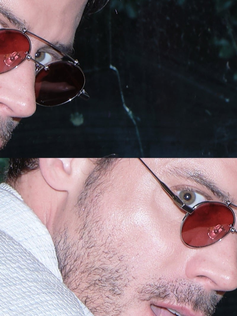 A macro diptych captures François Arnaud's face through round red-tinted sunglasses