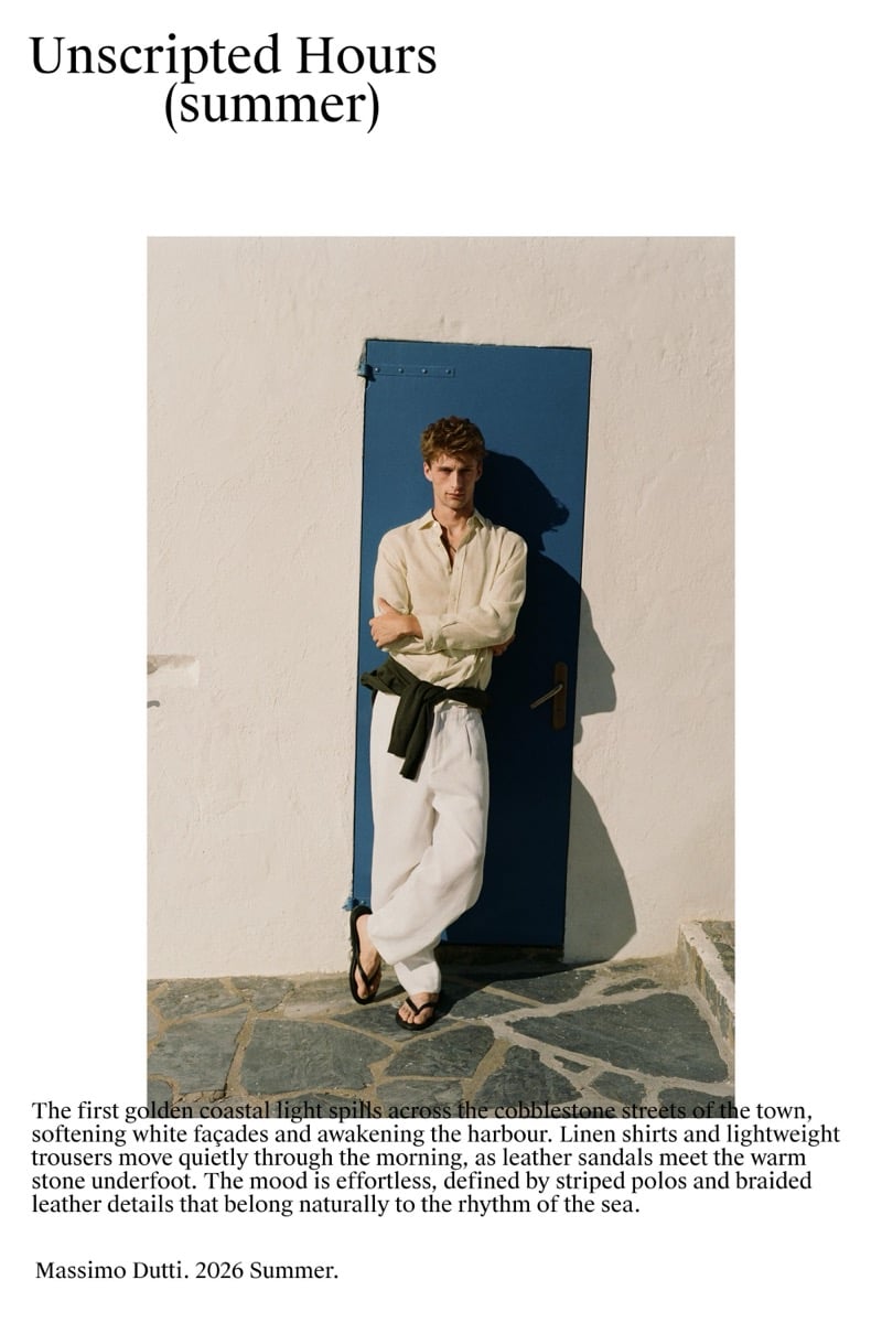 Graphic title page for Massimo Dutti's Unscripted Hours summer campaign, showing Vasko Luyckx in an ivory linen shirt with an olive sweater tied at his waist and white trousers, leaning against a blue door
