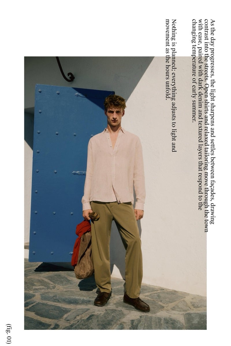 Graphic page of Vasko Luyckx in an open blush pink linen shirt and olive trousers, holding a suede bag with a red garment, leaning against a blue shuttered door
