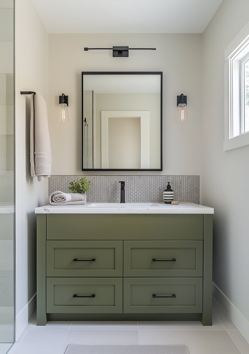 Modern bathroom with an olive green vanity, black hardware, and a black-framed mirror flanked by sconces