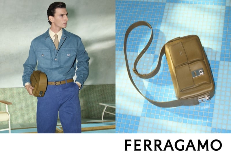 Thibaud Charon wears a blue chambray shirt and denim trousers with an olive messenger bag on his shoulder, shown alongside a flat lay of the bag