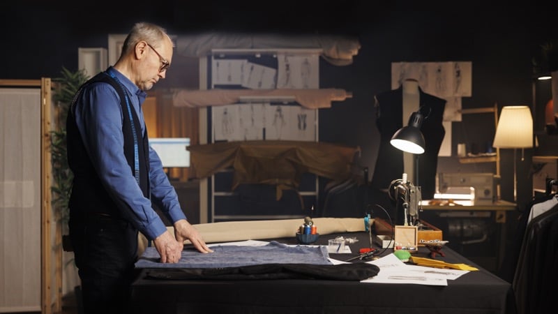 An older craftsman in glasses and a vest works at a cutting table covered in fabric and sketches, a sewing machine and design boards behind him