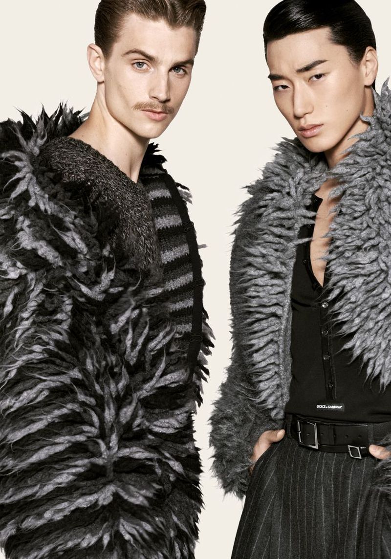 Ruben Aiello and San stand together in shaggy textured coats for Dolce & Gabbana's fall-winter 2026 campaign