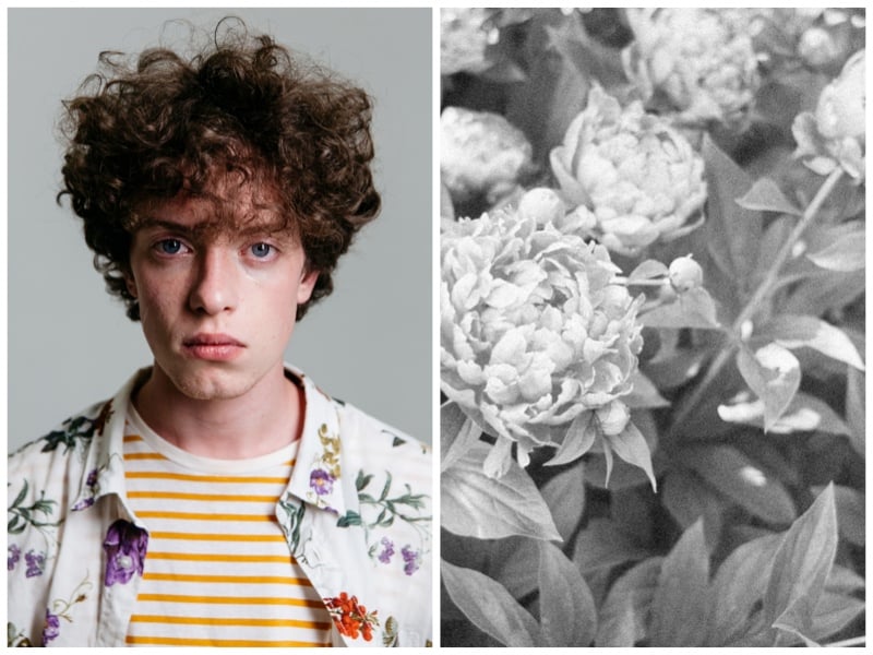 A side-by-side image of a young man in a floral print shirt and a black-and-white close-up photo of blooming peonies