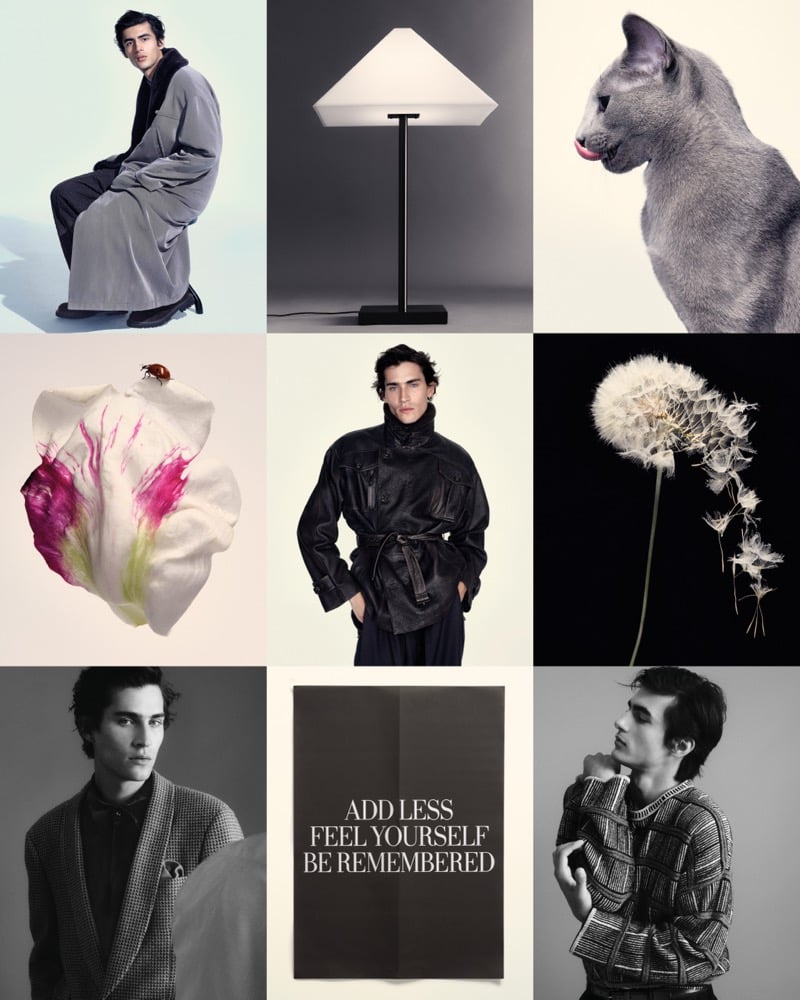 Akbar Shamji and Liam Kelly photographed in a nine-image grid with the 1982 Logo Lamp, a cat, and a dandelion for Giorgio Armani's fall-winter 2026 campaign