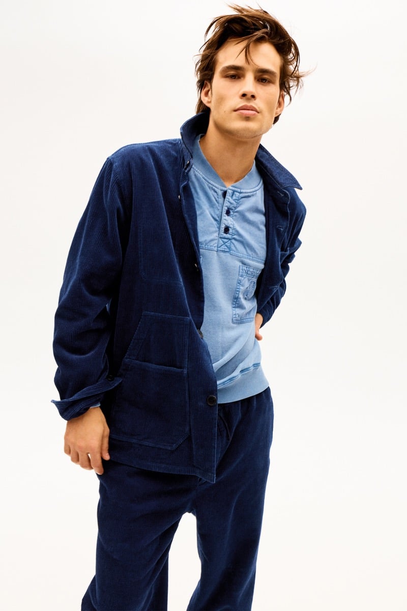 Louis Baines in a blue corduroy jacket and matching trousers, for Isabel Marant Fall 2026