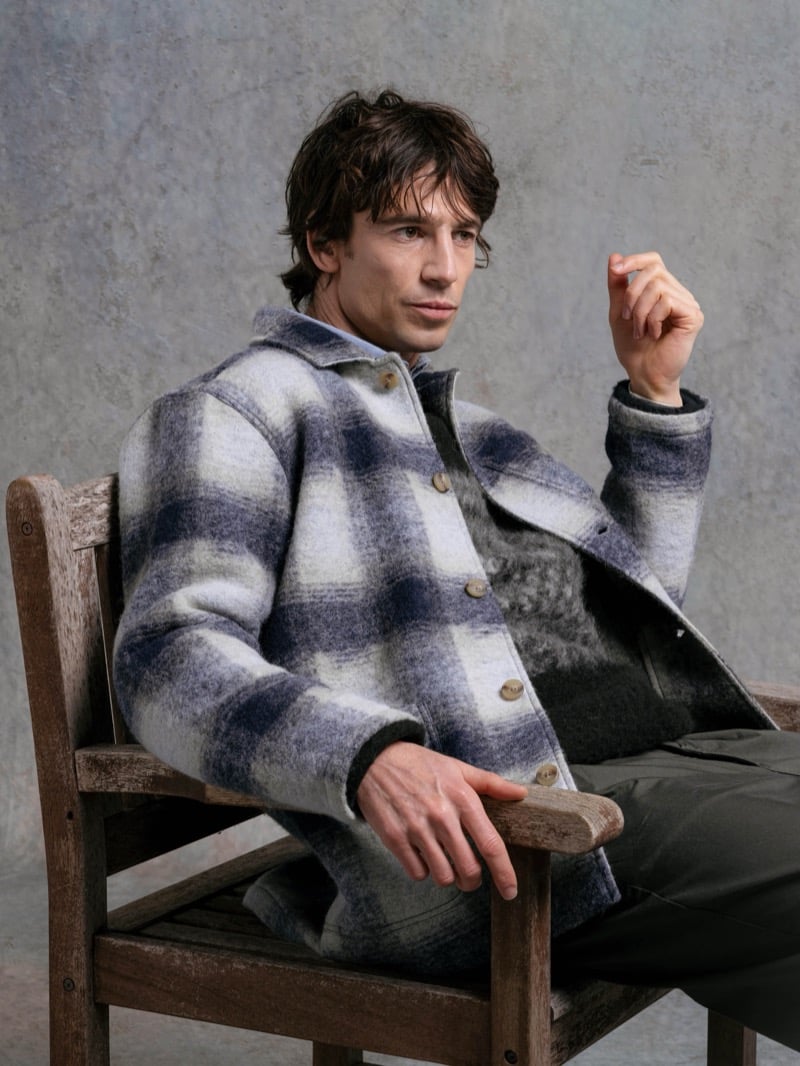 Man in a blue and cream plaid wool shirt-jacket, for Kestin Fall 2026