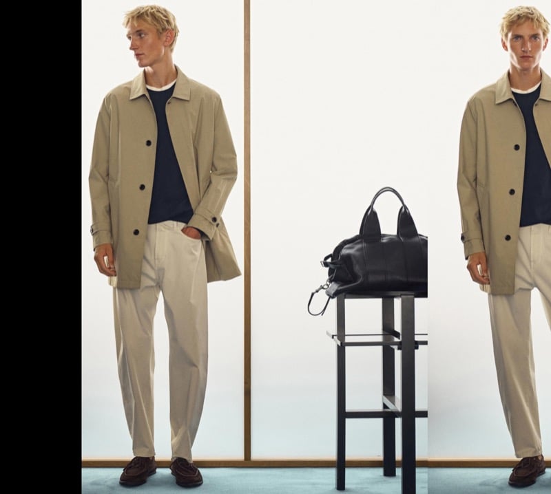 Split image of Pierrick Grégoire in a tan trench coat over a dark sweater with light trousers, beside a black leather bag