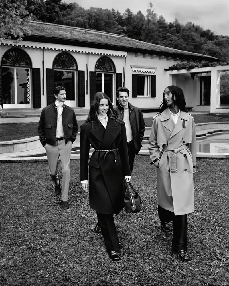 Hedi Ben Tekaya and Anatol Modzelewski walk with Claudia Campana and Mona Tougaard across the villa grounds in a black-and-white frame for Tod's fall-winter 2026 campaign