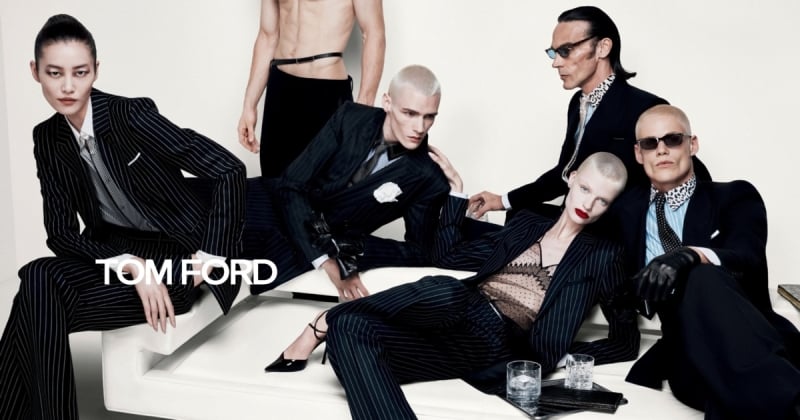 Liu Wen, Scott Barnhill, Mila Van Eeten, and other models sit together in pinstripe suits and leather gloves for Tom Ford's fall-winter 2026 campaign