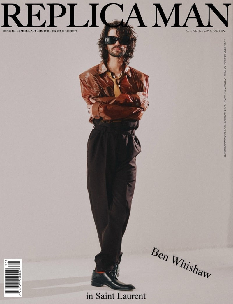 Replica Man Issue 16 cover of Ben Whishaw standing with arms crossed in dark angular sunglasses, a glossy rust shirt, gold tie, and high-waisted brown pleated trousers with polished black derby shoes