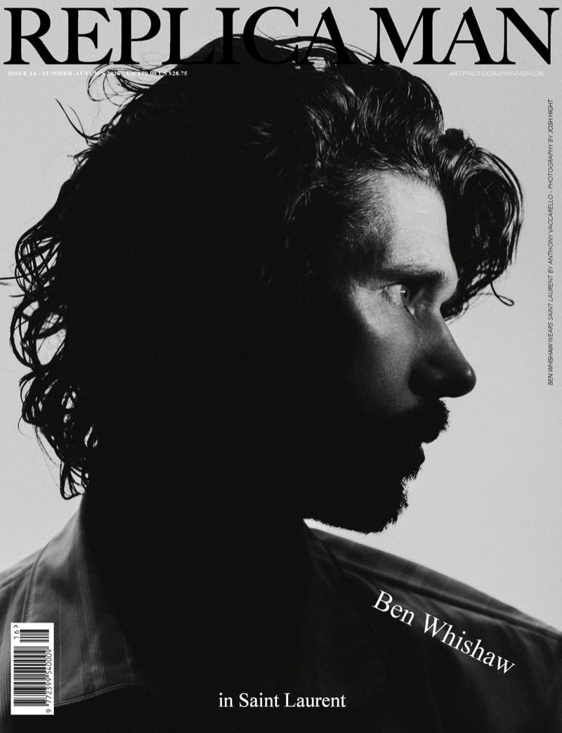 Black-and-white Replica Man cover showing Ben Whishaw in profile, backlit so his face falls into deep shadow and his hair catches the light, shirt collar just visible