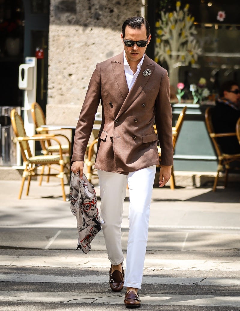 Brown blazer white pants