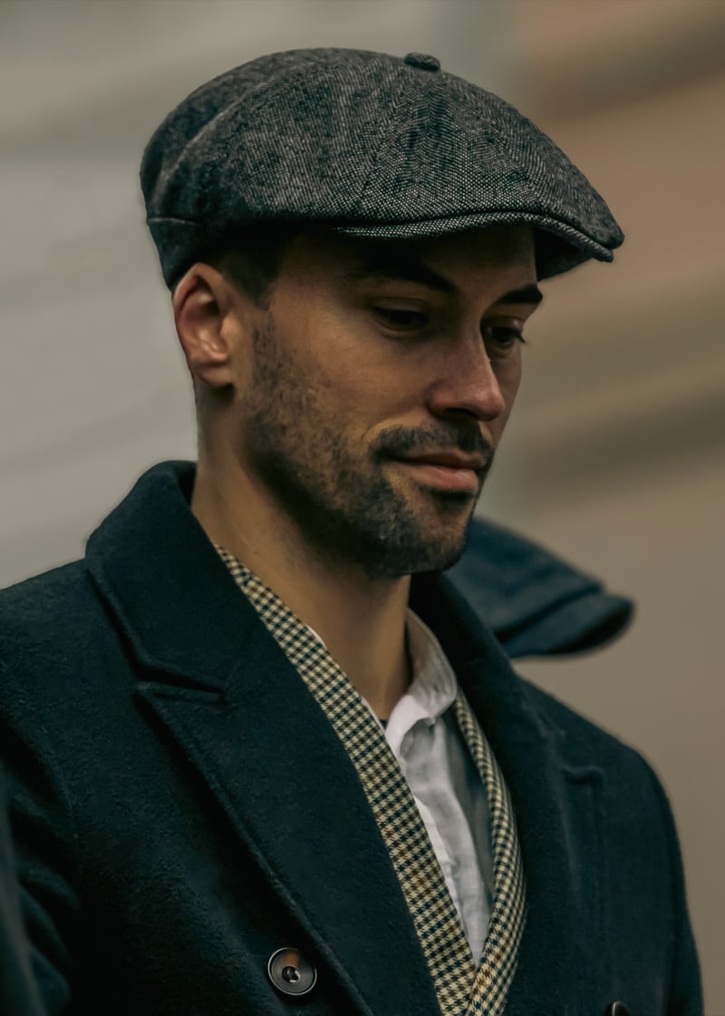 Gray donegal tweed newsboy cap navy overcoat