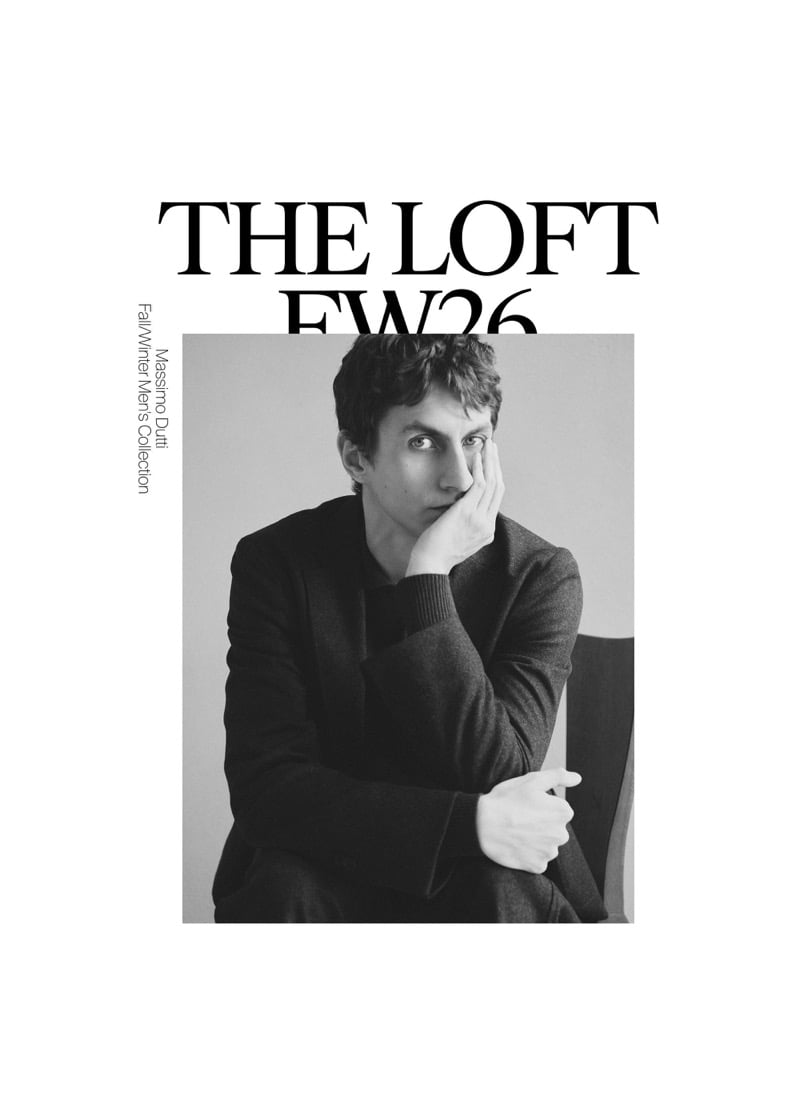 Black-and-white Loft FW26 layout of Henry Kitcher resting his cheek in his hand in a blazer over a knit, for Massimo Dutti's The Loft