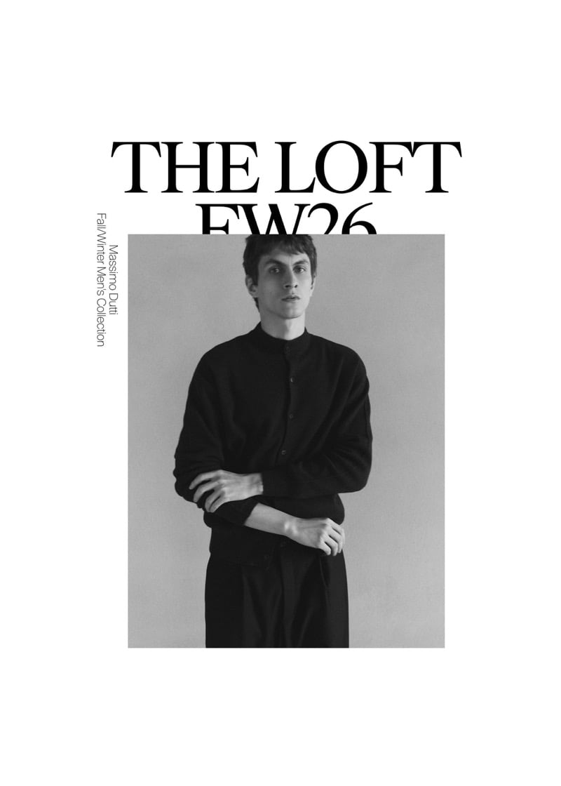 Black-and-white Loft FW26 layout of Henry Kitcher standing with his arms folded in a button-front cardigan and pleated trousers, for Massimo Dutti's The Loft