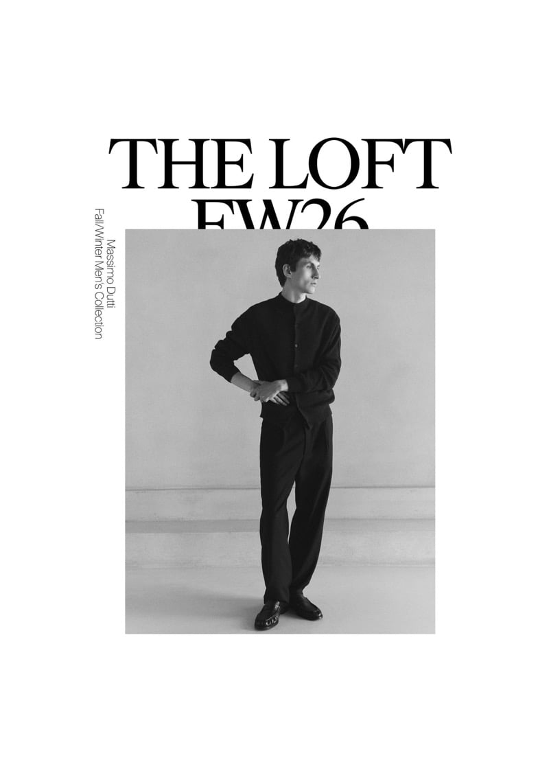 Black-and-white Loft FW26 layout of Henry Kitcher standing in profile in a stand-collar cardigan and pleated trousers with loafers, for Massimo Dutti's The Loft
