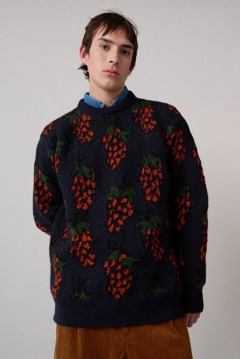 A model in a blue sweater knitted with an allover grape motif, for Howlin's fall-winter 2026 collection