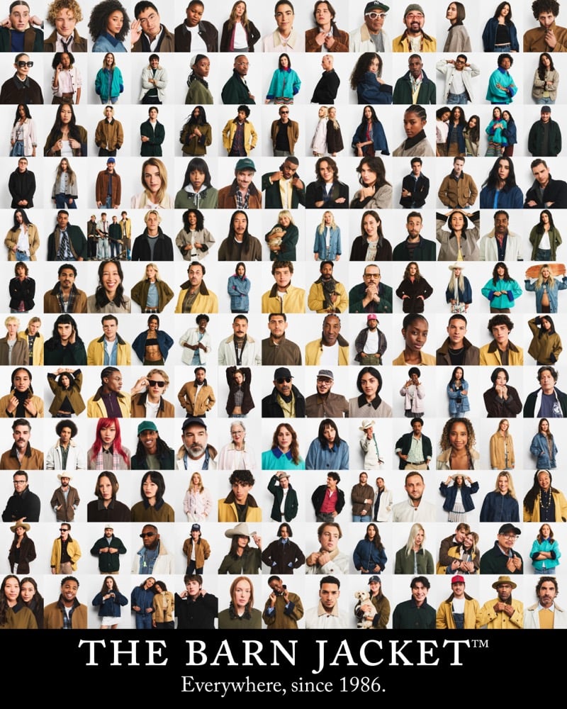 Grid of J.Crew Barn Jacket campaign portraits above the tagline Everywhere, since 1986