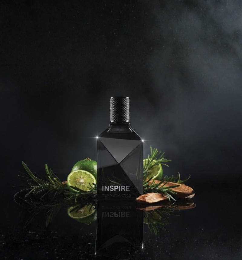 A bottle of Kenneth Cole INSPIRE eau de toilette surrounded by rosemary sprigs, halved citrus, and cedarwood shavings.