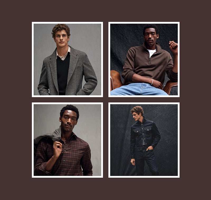 Collage of models Max Mersmann and Halid Nuhu in Todd Snyder's herringbone sport coat, quarter-zip sweatshirt, plaid sport shirt, and denim Dylan jacket