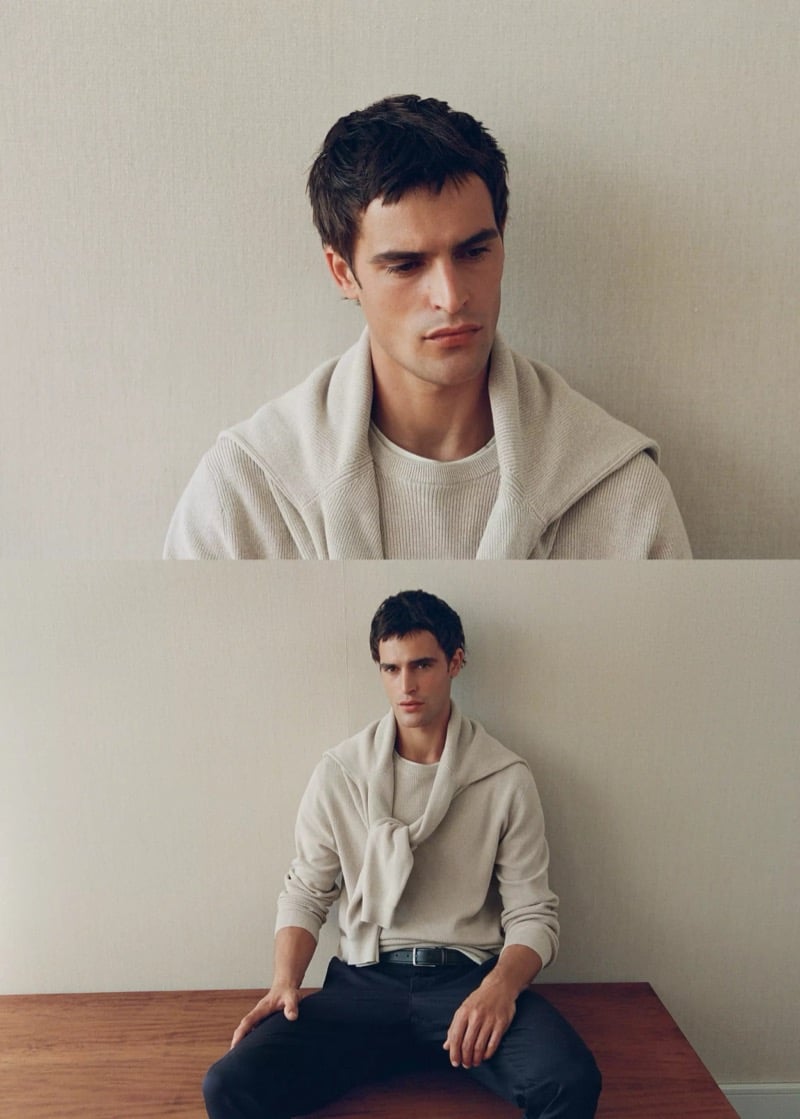 Two frames of Parker van Noord in a light ribbed knit sweater draped over his shoulders, one a close crop and one seated on a wooden bench in dark trousers