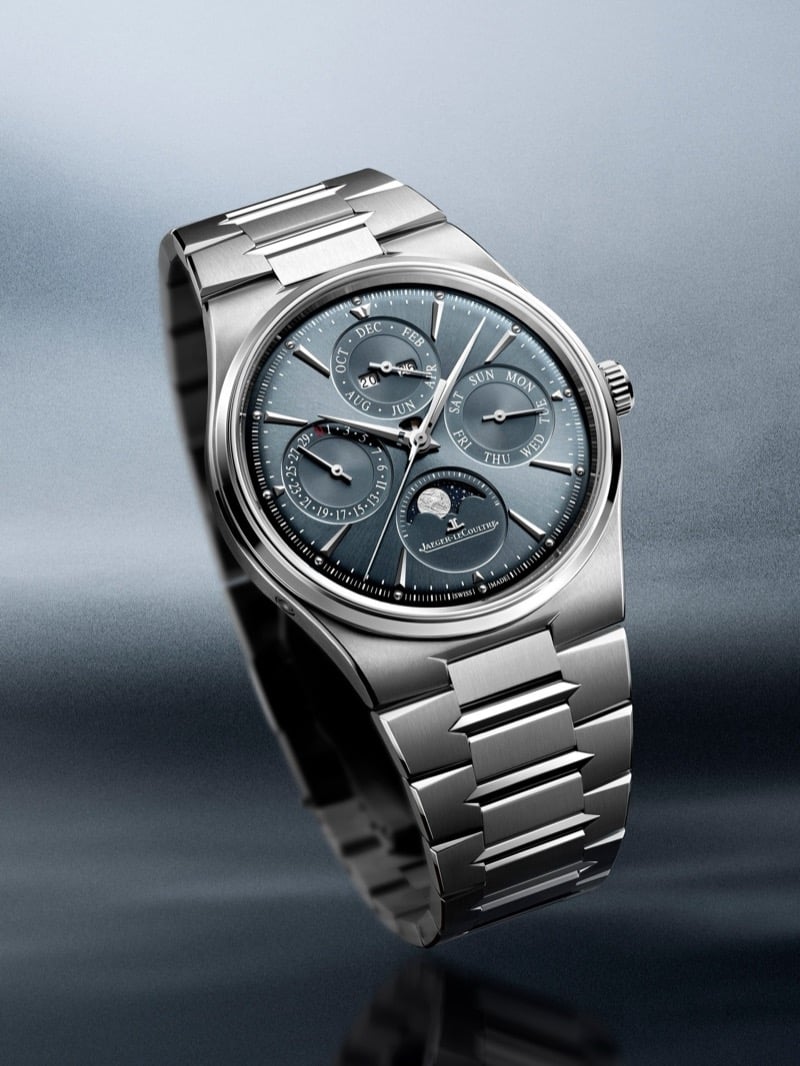 Jaeger-LeCoultre Master Control Chronometre Perpetual Calendar with a blue-gray dial, moon phase, and steel bracelet