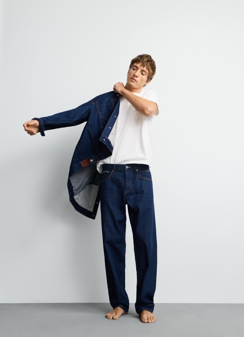 Samuel Curtis pulls on Pepe Jeans' selvedge trucker jacket over a white tee and the straight-leg Dalston jean