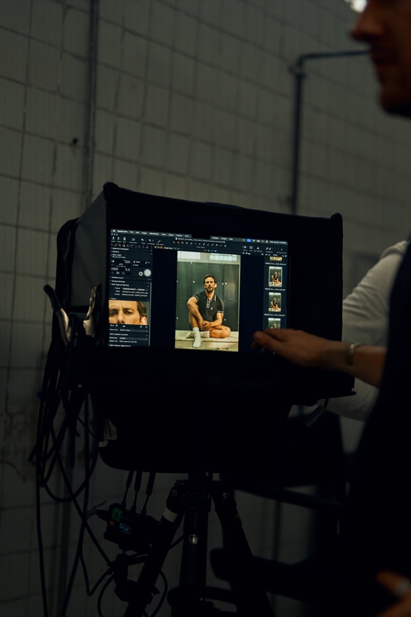 A tethered laptop displays a seated portrait of Sebastián Zurita as crew review images on set, for Original Penguin's fall 2026 campaign