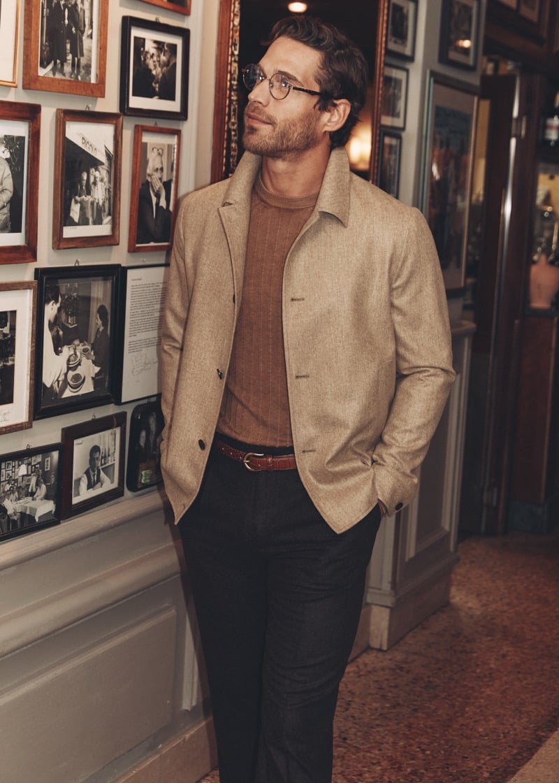 Simone Bredariol in an oatmeal shirt-jacket over a cocoa ribbed knit with dark trousers, for Boglioli's fall-winter 2026 campaign