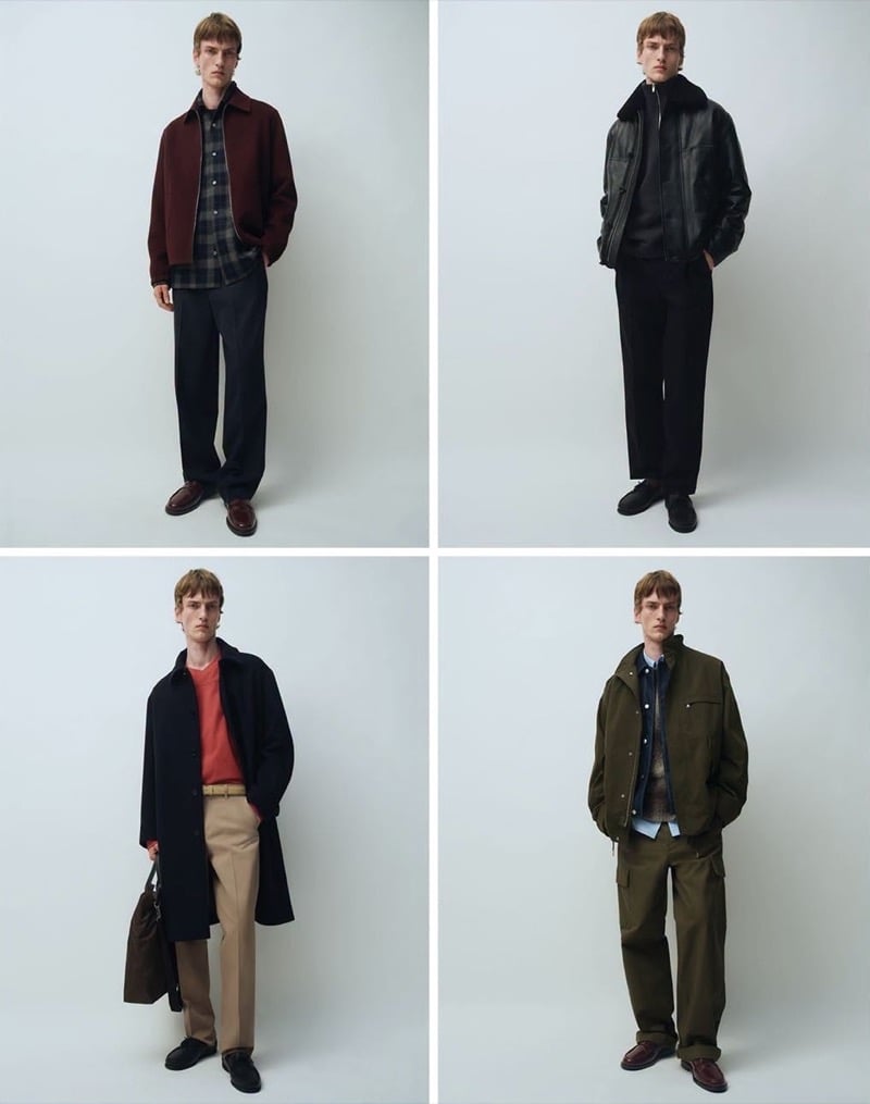 Four ARKET fall 2026 looks on Tammo Rahming: a burgundy jacket over a plaid shirt, a leather jacket with a shearling collar, a long coat with a coral sweater and khaki trousers, and an olive jacket with cargo trousers