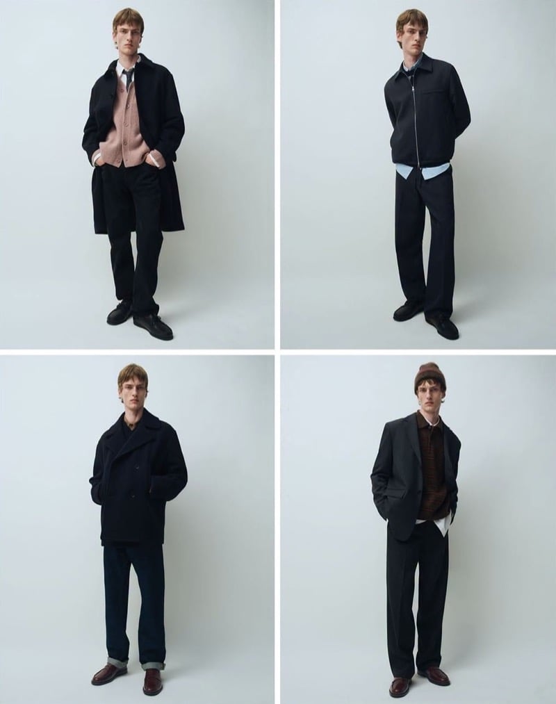 Four ARKET fall 2026 looks on Tammo Rahming: a long coat over a pink cardigan and tie, a zip jacket with trousers, a double-breasted peacoat with cuffed jeans, and a blazer with a knit polo and beanie