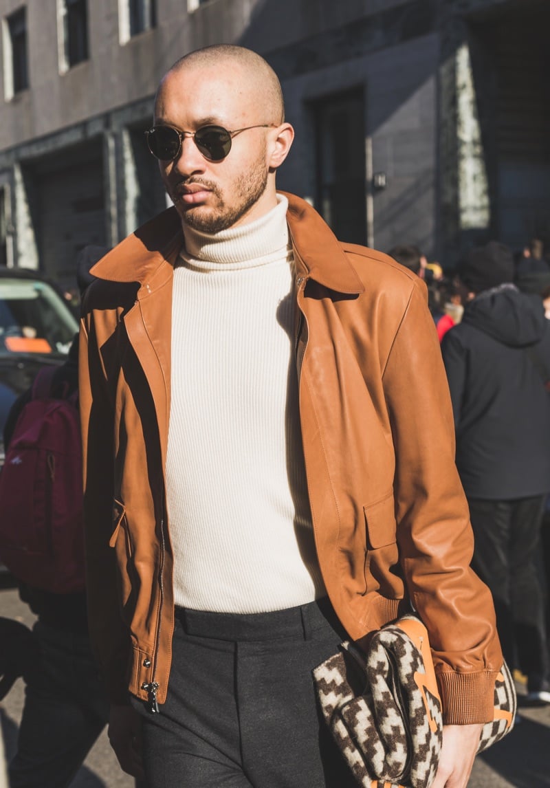 Turtleneck jacket bald man