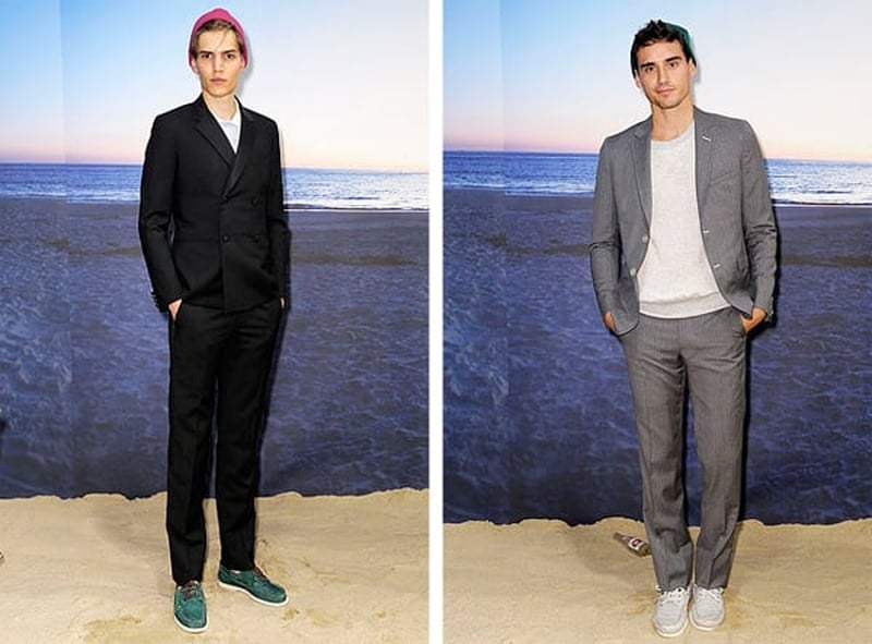 Two Band of Outsiders spring 2010 slim suits styled with casual tops and sneakers.