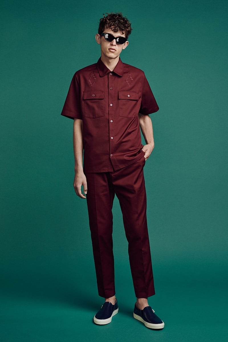 Wood Wood spring 2016 burgundy short-sleeve shirt and matching trousers with slip-on shoes.