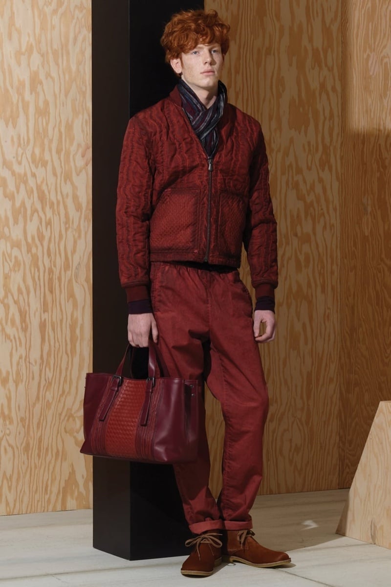Bottega Veneta pre-fall 2016 burgundy textured bomber jacket with tonal trousers, scarf and bag.