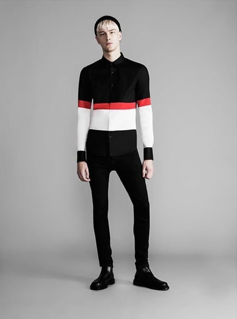 Black Barrett by Neil Barrett fall 2014 black shirt with white and red horizontal panels.