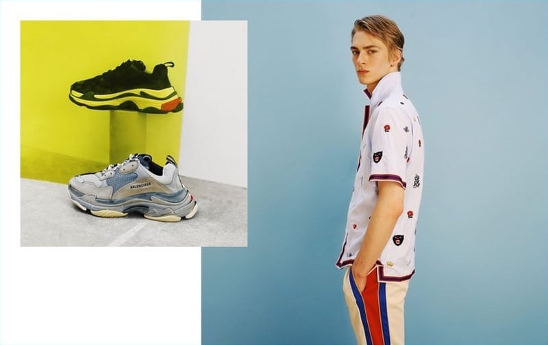 Balenciaga chunky sneakers beside Dominik Sadoch wearing a Gucci bowling shirt and track pants for Matches Fashion in 2018.