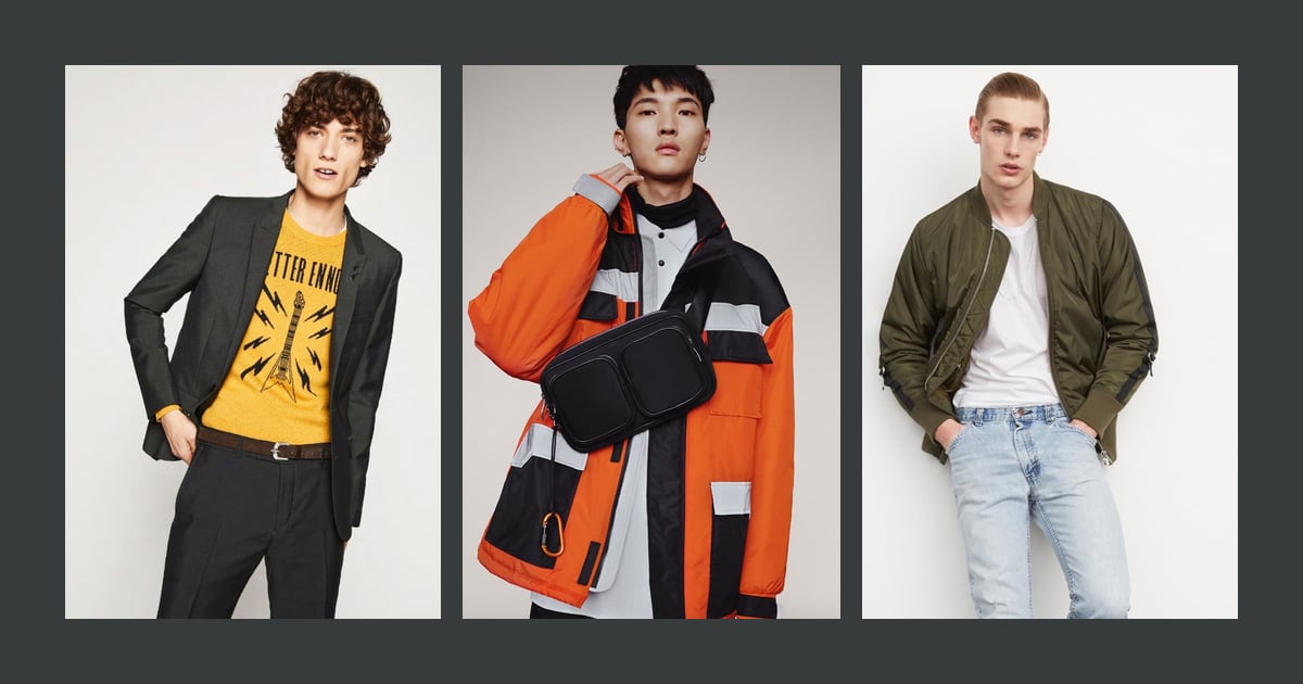2010s menswear collage showing Serge Rigvava in The Kooples tailoring, Jeon June in Zara technical outerwear with a belt bag, and an olive Stampd and Monkey Time bomber jacket.