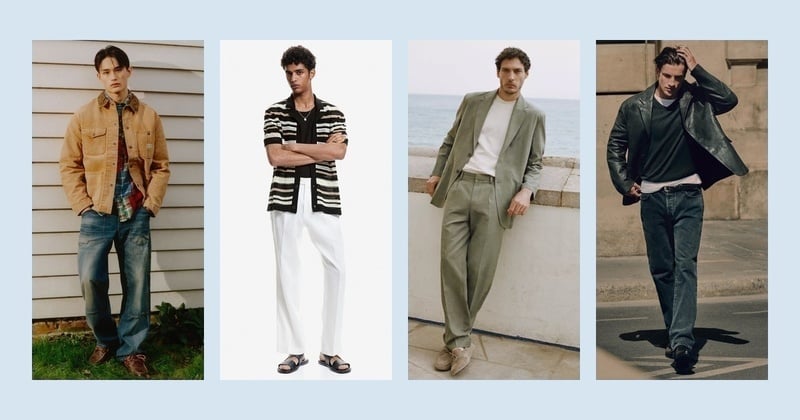 Four 2020s menswear looks: Polo Country workwear, Abas Abdirazaq in an H&M crochet-look shirt, Pierre-Benoit Talbourdet in a relaxed Mango suit, and Max Knott in Zara’s 90’s Archive leather blazer.