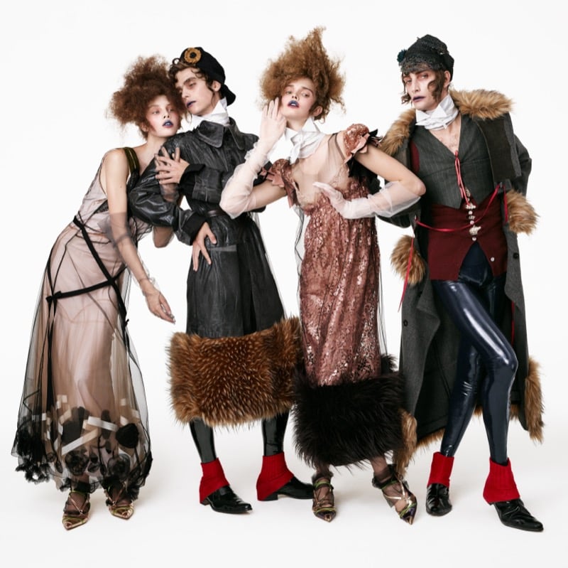 Anna Bicanova, Frederic Bittner, Lulu Tenney, and Thomas Riguelle in a sheer tulle gown, a leather coat with a faux fur panel, a lace dress with a faux fur hem, and a fur-collared coat with glossy leggings