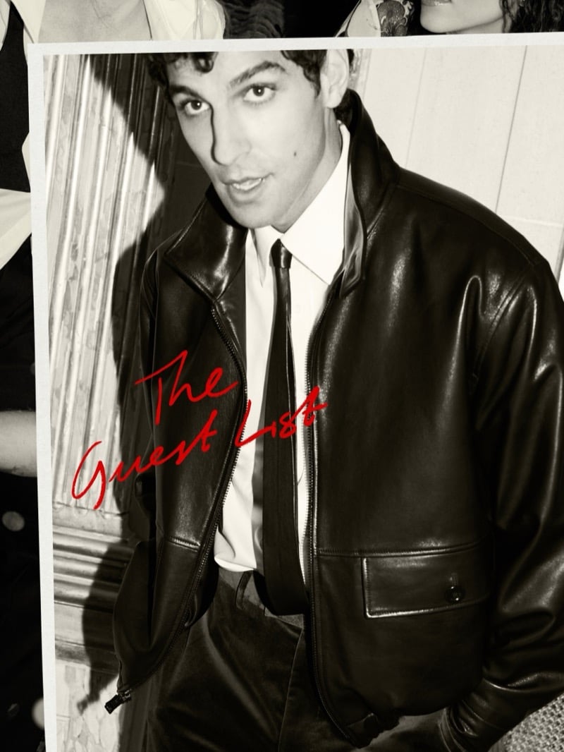 Francisco Faria wears a leather blouson jacket, white shirt, and tie in a black-and-white party photograph.