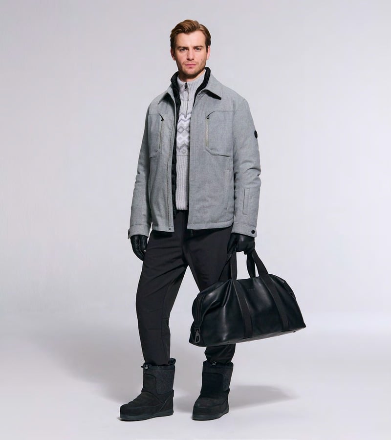 Ben Allen wears a gray jacket with dark trousers and black boots, holding a black weekender bag. Bogner fall-winter 2026 collection.