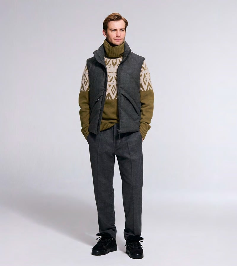Ben Allen wears a charcoal vest over an olive-and-cream patterned turtleneck with charcoal trousers. Bogner fall-winter 2026 collection.