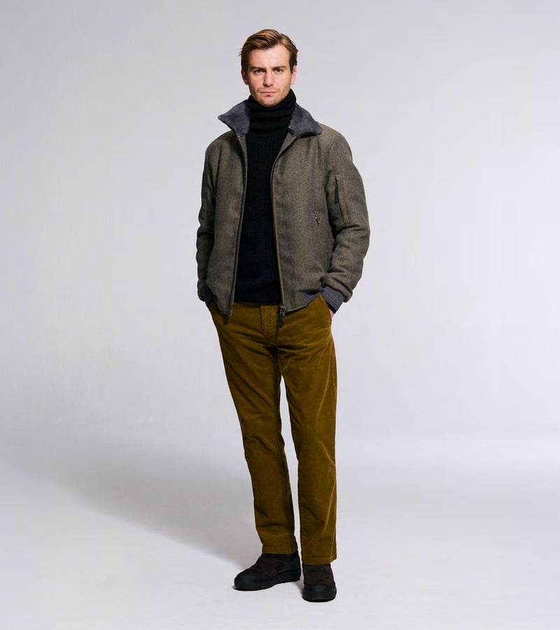 Ben Allen wears a gray-brown jacket over a black turtleneck with olive-brown trousers. Bogner fall-winter 2026 collection.